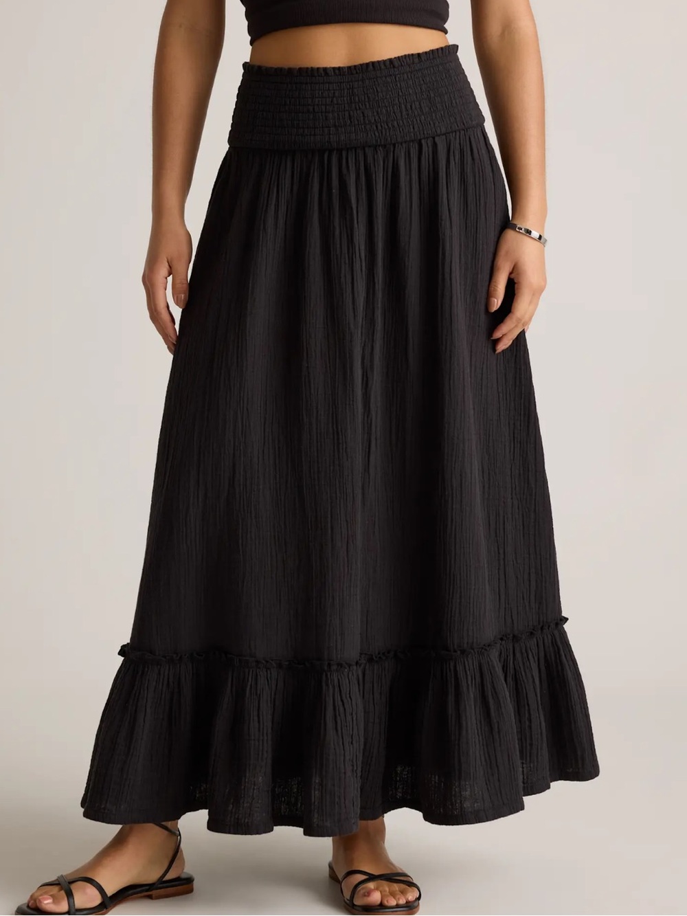 QUINCE NWT WMNS ORGANIC COTTON GAUZE SMOCKED MAXI SKIRT BLACK SIZE XS